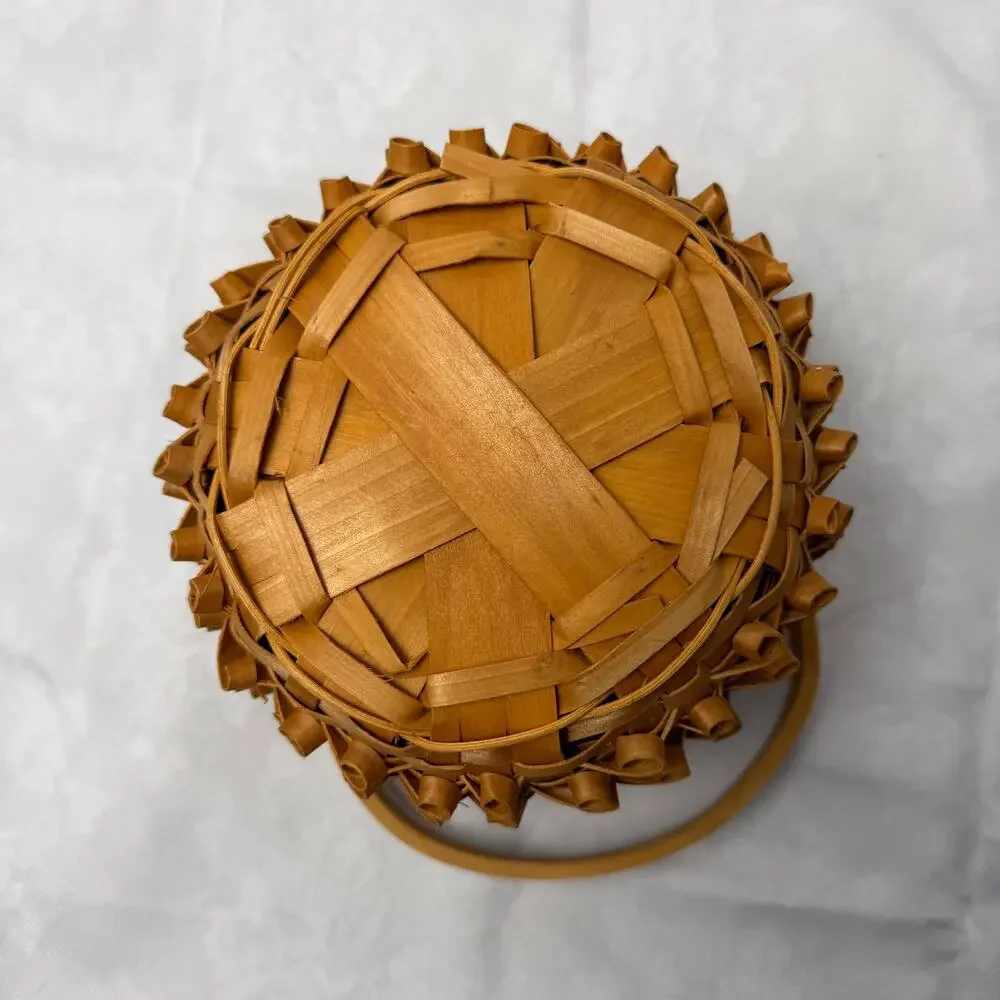 VTG Pineapple Popcorn Porcupine Curl Weave Splint Basket Bentwood Handle Round